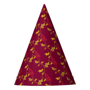 Red and gold holly and berries Christmas pattern Party Hat