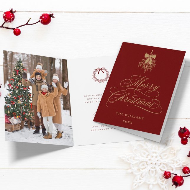 Red and Gold Holly Berry Bouquet Christmas Photo Holiday Card (Front & Inside)
