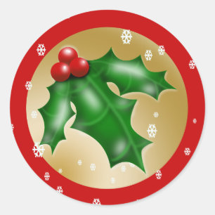 Red and Gold Holly Classic Round Sticker