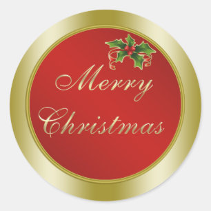 Red and Gold, Holly Merry Christmas Classic Round Sticker