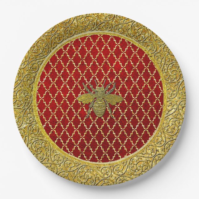 Red and Gold Honey Bee Any Occasion Paper Plate (Front)