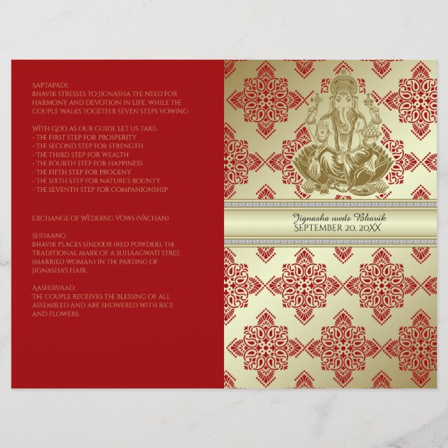 Red and Gold Indian Damask Hindu Wedding Program (Front)