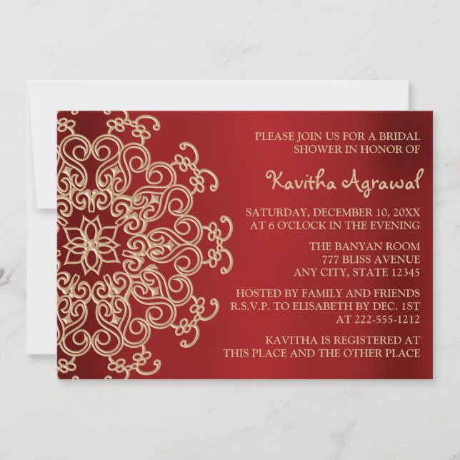 Red and Gold Indian Inspired Bridal Shower Invitation (Front)