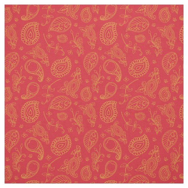 Red and Gold Indian Saree Paisley Pattern Fabric (Swatch)