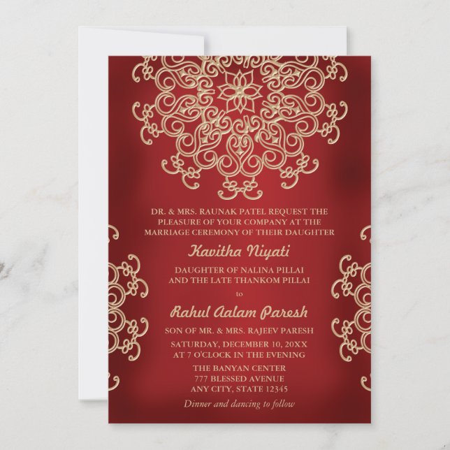 RED AND GOLD INDIAN STYLE WEDDING INVITATION (Front)