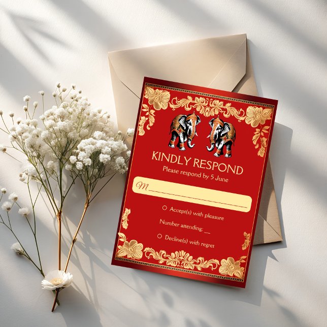 Red and gold Indian wedding elephants RSVP Card (Red and gold elephants Indian wedding  RSVP Cards Hindu wedding invitations suite)