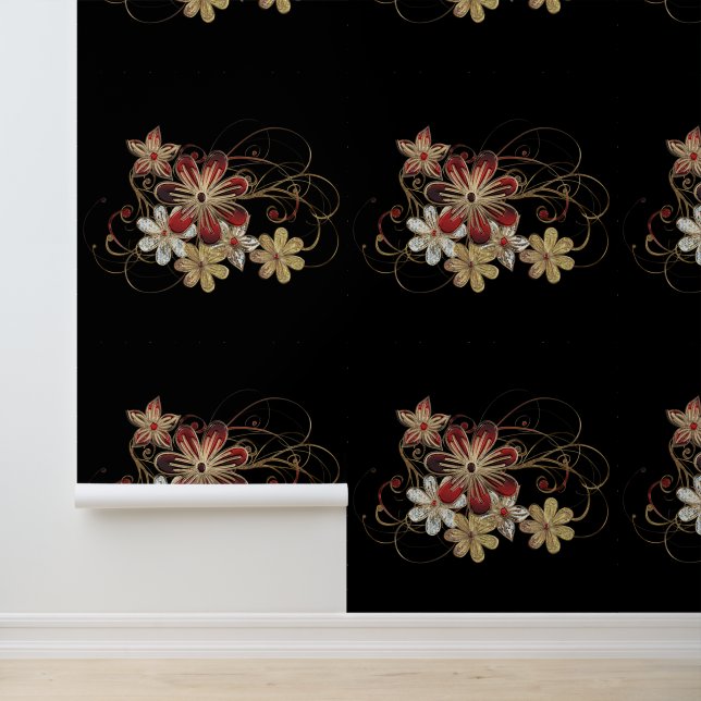 Red and Gold Jewellery Flowers Custom Colour Black Wallpaper (Application)
