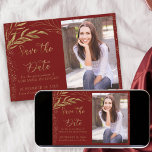 Red and Gold Leaf with Calligraphy and Photo Save The Date<br><div class="desc">Elegant Gold Leaf and Red Save the Date with your own photo and ornate hand lettered calligraphy. The template is set up for you to upload a picture of the quince and personalise with your celebration date. The design has fine line drawn leaves and solid gold leaf foliage with confetti....</div>