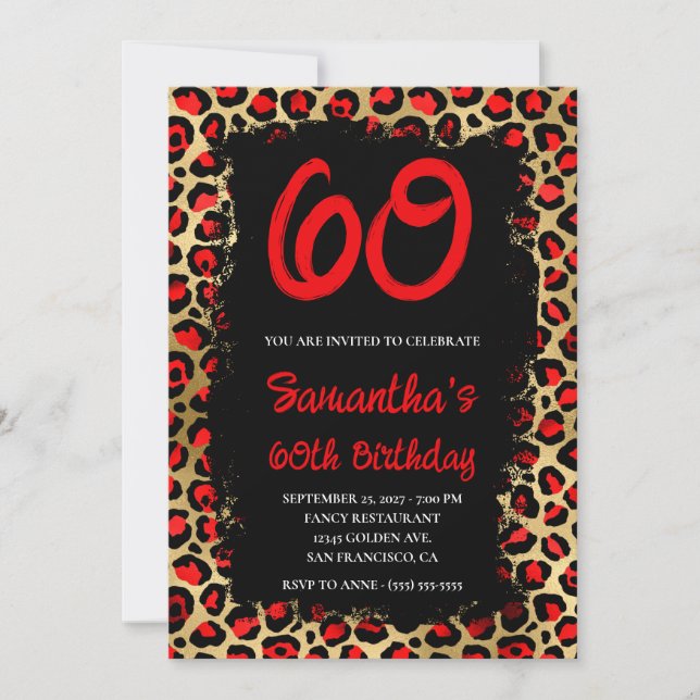 Red and Gold Leopard Painted Black 60th Birthday Invitation (Front)