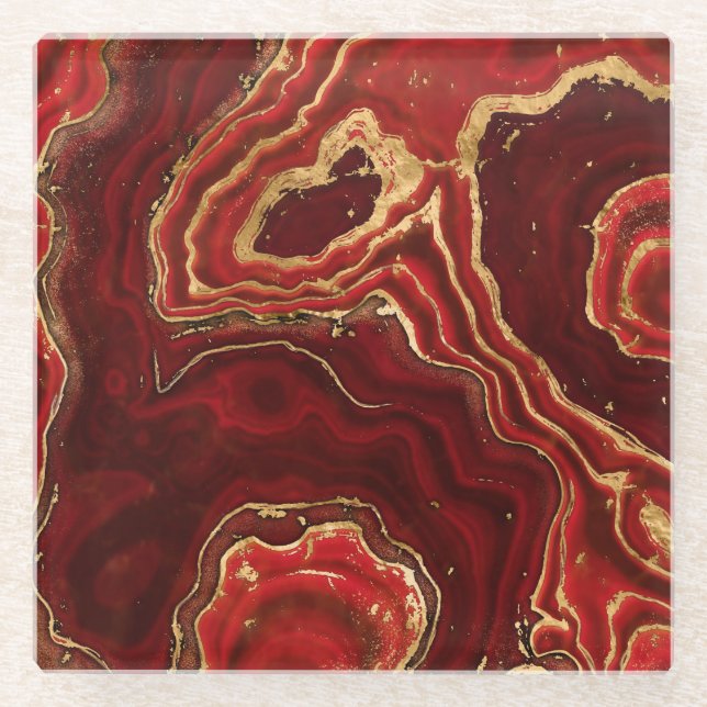 Red and gold Liquid Marble Abstract Glass Coaster (Front)