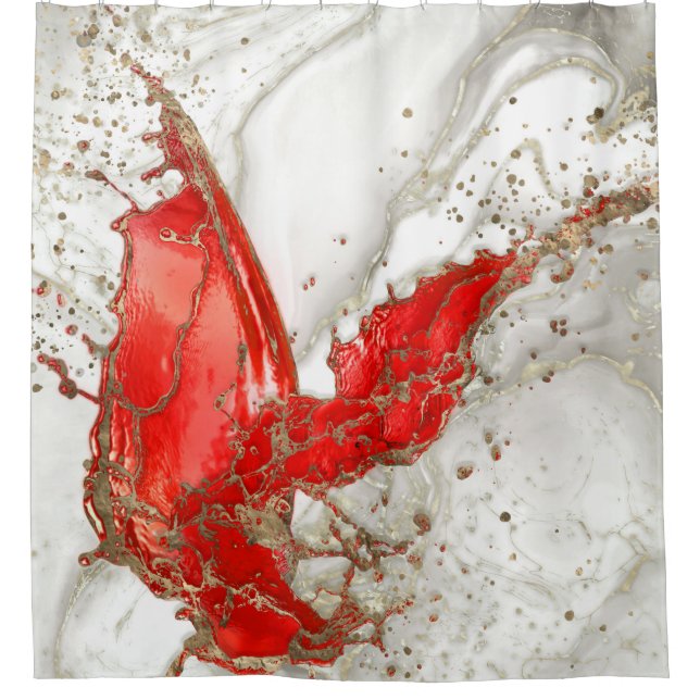 Red and gold Liquid Marble Splash Shower Curtain (Front)