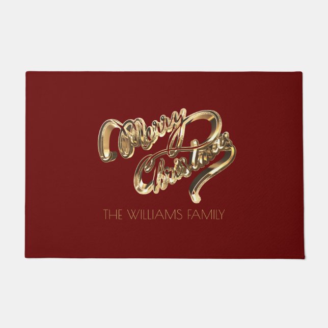 Red and Gold Look Script Merry Christmas Doormat (Front)