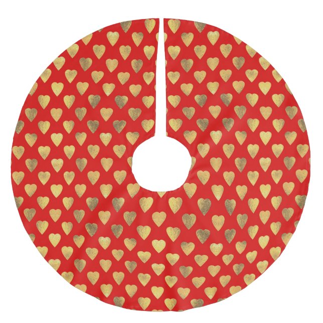Red and Gold Love Heart Pattern  Brushed Polyester Tree Skirt (Front)