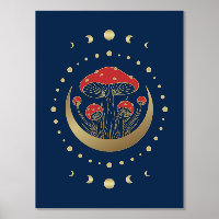 Red And Gold Magic Mushroom, Crescent Moon On Blue