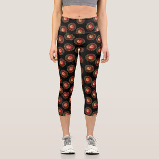 Red and Gold Mandala Black Background Capri Leggings
