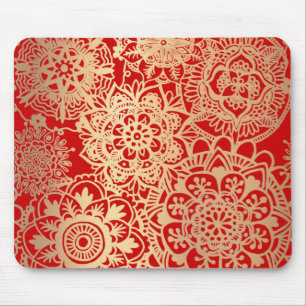 Red and Gold Mandala Pattern Mouse Pad