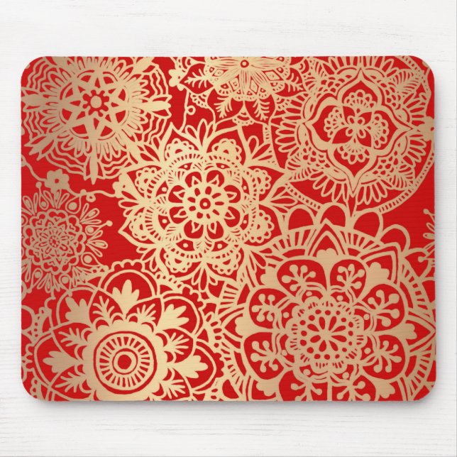 Red and Gold Mandala Pattern Mouse Pad (Front)