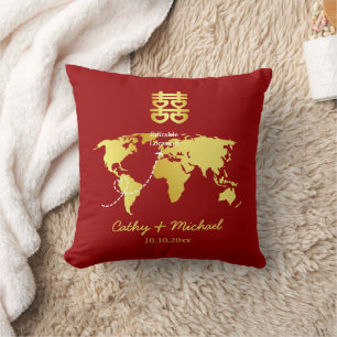 Red and gold map destination chinese wedding cushion