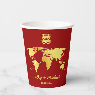 Red and gold map destination chinese wedding paper cups