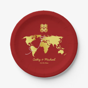Red and gold map destination chinese wedding paper plate