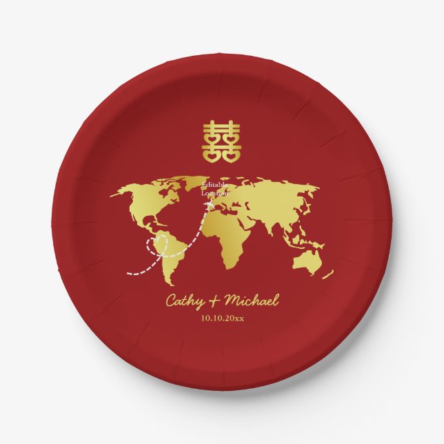Red and gold map destination chinese wedding paper plate (Front)