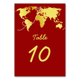 Red and gold map destination wedding table number