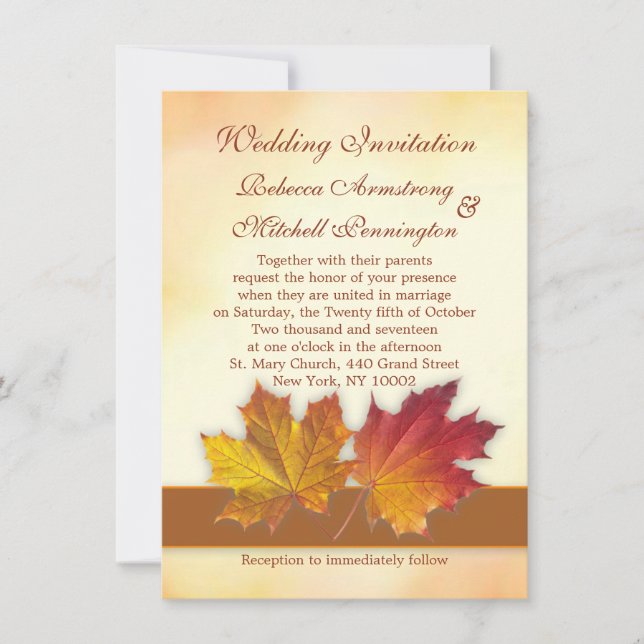 Red and gold maple leaves Wedding Invitation (Front)