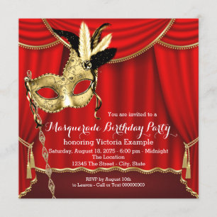 Red and Gold Masquerade Birthday Party Invitation
