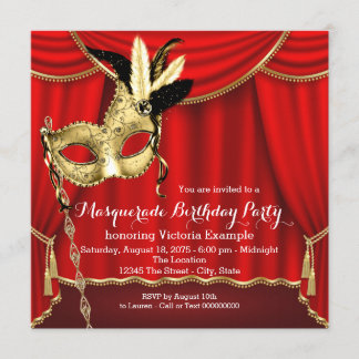 Red and Gold Masquerade Birthday Party Invitation