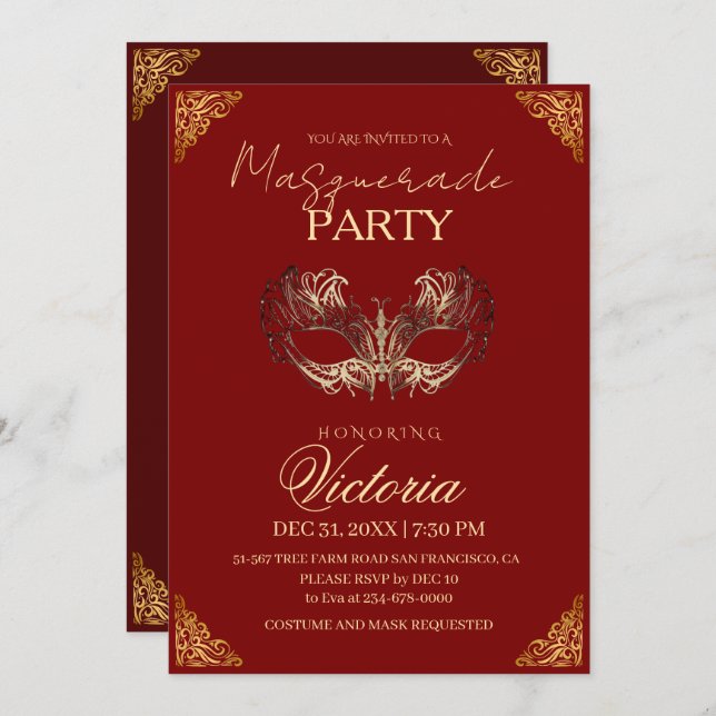 Red and Gold Masquerade Birthday Party Invitation (Front/Back)