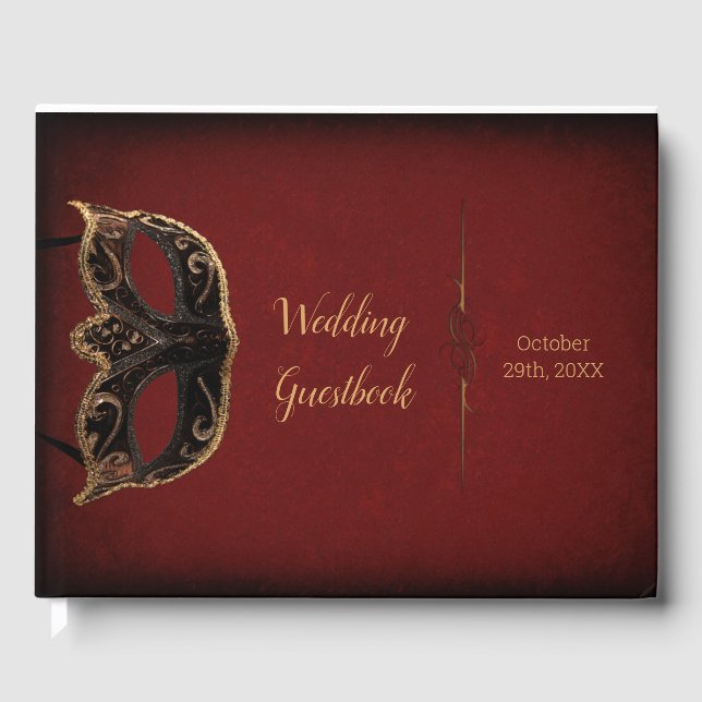Red and Gold Masquerade Wedding Guest Book (Front)