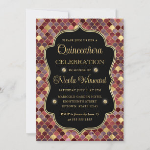 Red and Gold Mermaid Scales Frame Quinceanera Invitation