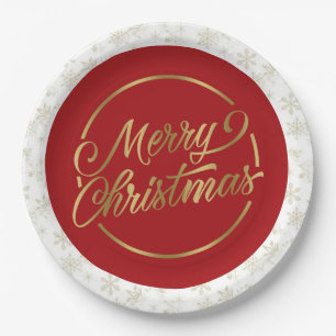 Red and Gold Merry Christmas Paper Plate