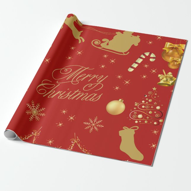 Red and gold merry Christmas pattern Wrapping Paper (Unrolled)