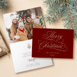 Red and Gold Merry Christmas Script Photo Folded Holiday Card<br><div class="desc">This Christmas photo folded card features elegant and romantic swirly calligraphy lettering with a winter holly berry bouquet and a photo inside. For more advanced customisation of this design,  please click the BLUE DESIGN TOOL BUTTON above!</div>