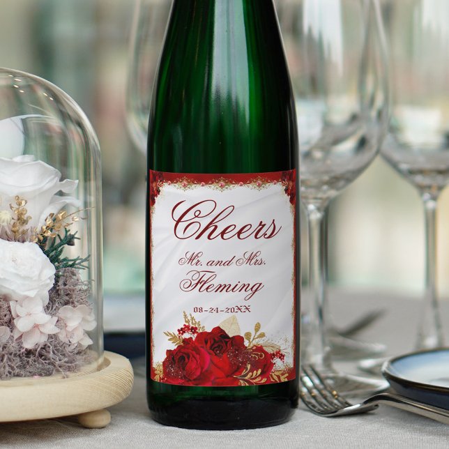 Red and Gold Metallic Floral Wedding Wine Label (Creator Uploaded)