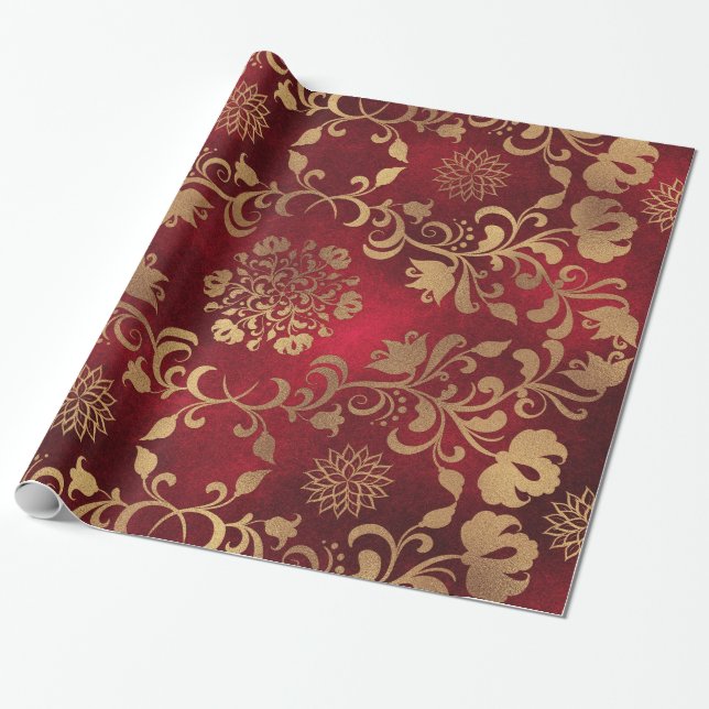 Red and Gold Metallic Glamourous Floral Pattern Wrapping Paper (Unrolled)