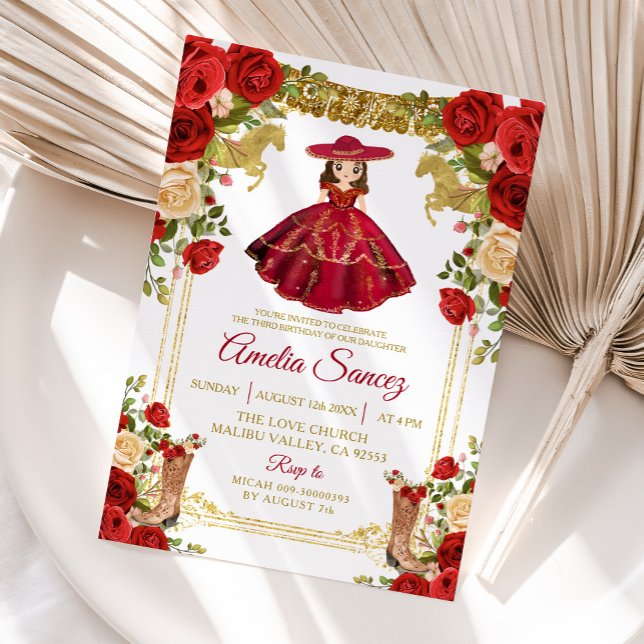 Red and Gold Mexican Girl Tres Años Birthday Invitation (Creator Uploaded)