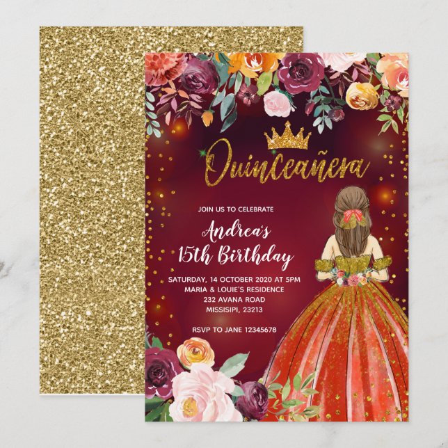 Red and Gold Mexican Princess Quinceañera Birthday Invitation (Front/Back)