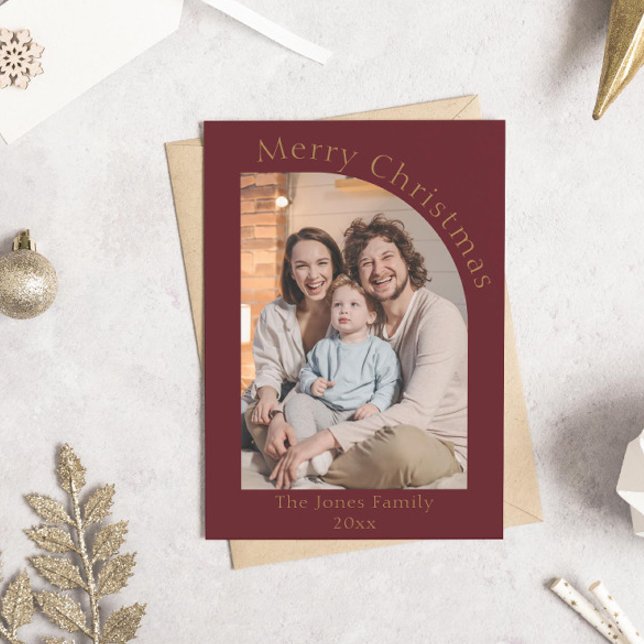 Red and Gold Modern Arch Photo Christmas Holiday Card (modern boho red arch photo christmas holiday card)
