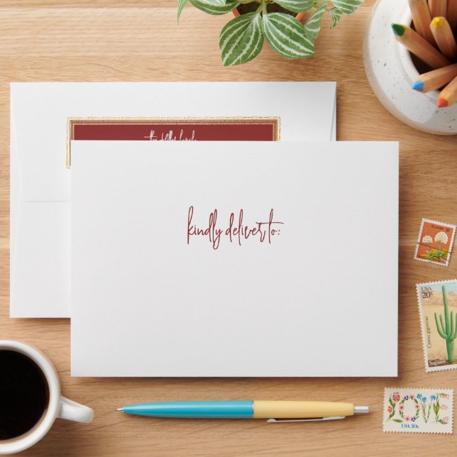 Red and Gold Modern Script Holiday Printed Envelope (Desk)