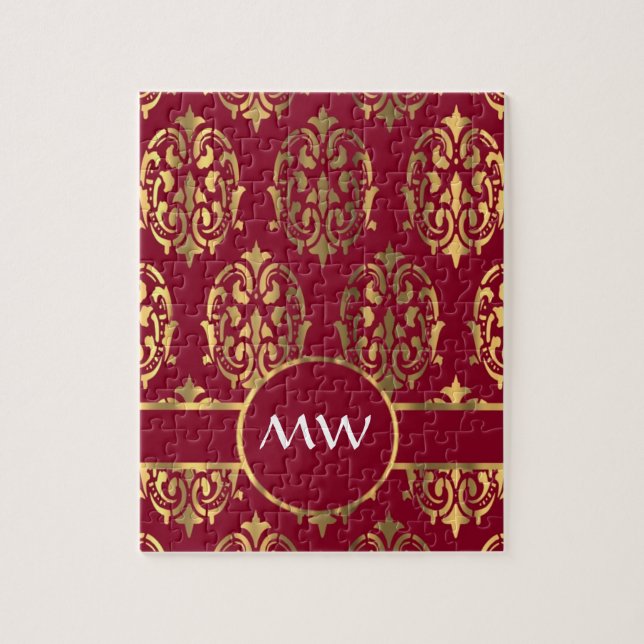 Red and gold monogram damask pattern jigsaw puzzle (Vertical)