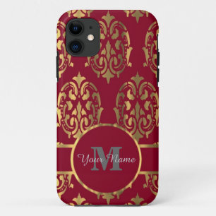 Red and gold monogrammed damask iPhone 11 case