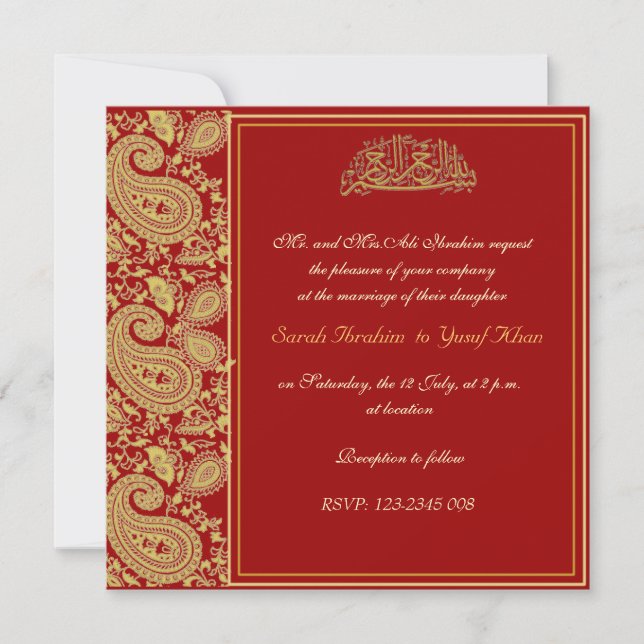 Red and gold Muslim wedding Invitation (Front)