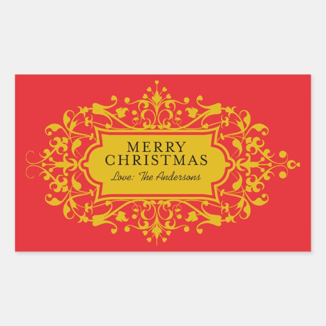 Red and Gold Oramental Christmas Frame Rectangular Sticker (Front)