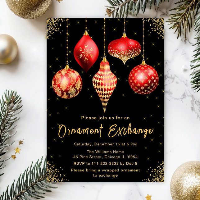 Red and Gold Ornament Exchange Party Invitation (Creator Uploaded)
