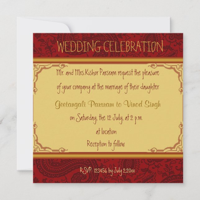 Red and gold paisley hindu wedding invitation (Front)