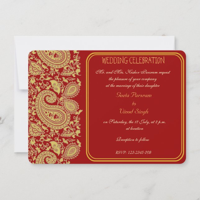Red and gold paisley Hindu wedding Invitation (Front)