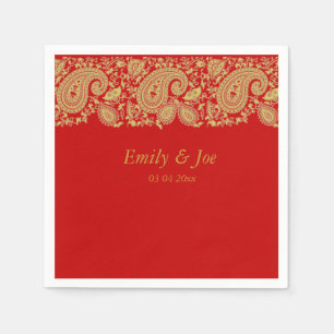 Red and Gold paisley lace wedding Napkin