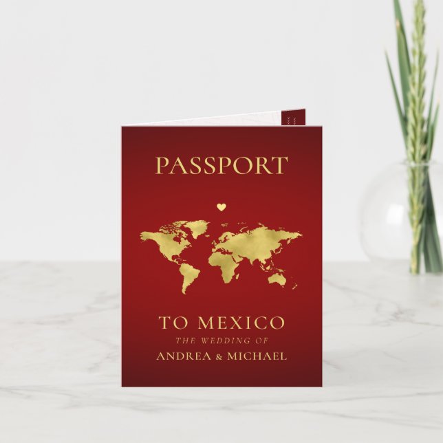 Red and Gold Passport Travel Destination Wedding Invitation (Front)
